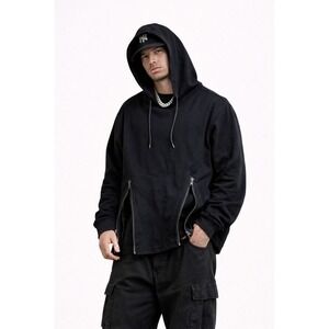 RIVER STONE Black Heavyweight Streetwear Hoodie Side Zip Vents Structured Fit XL